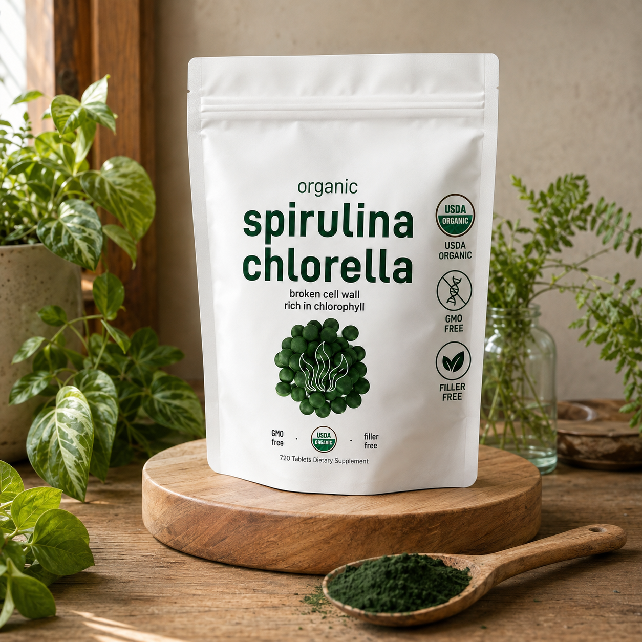 Organic spirulina and chlorella tablet pouch