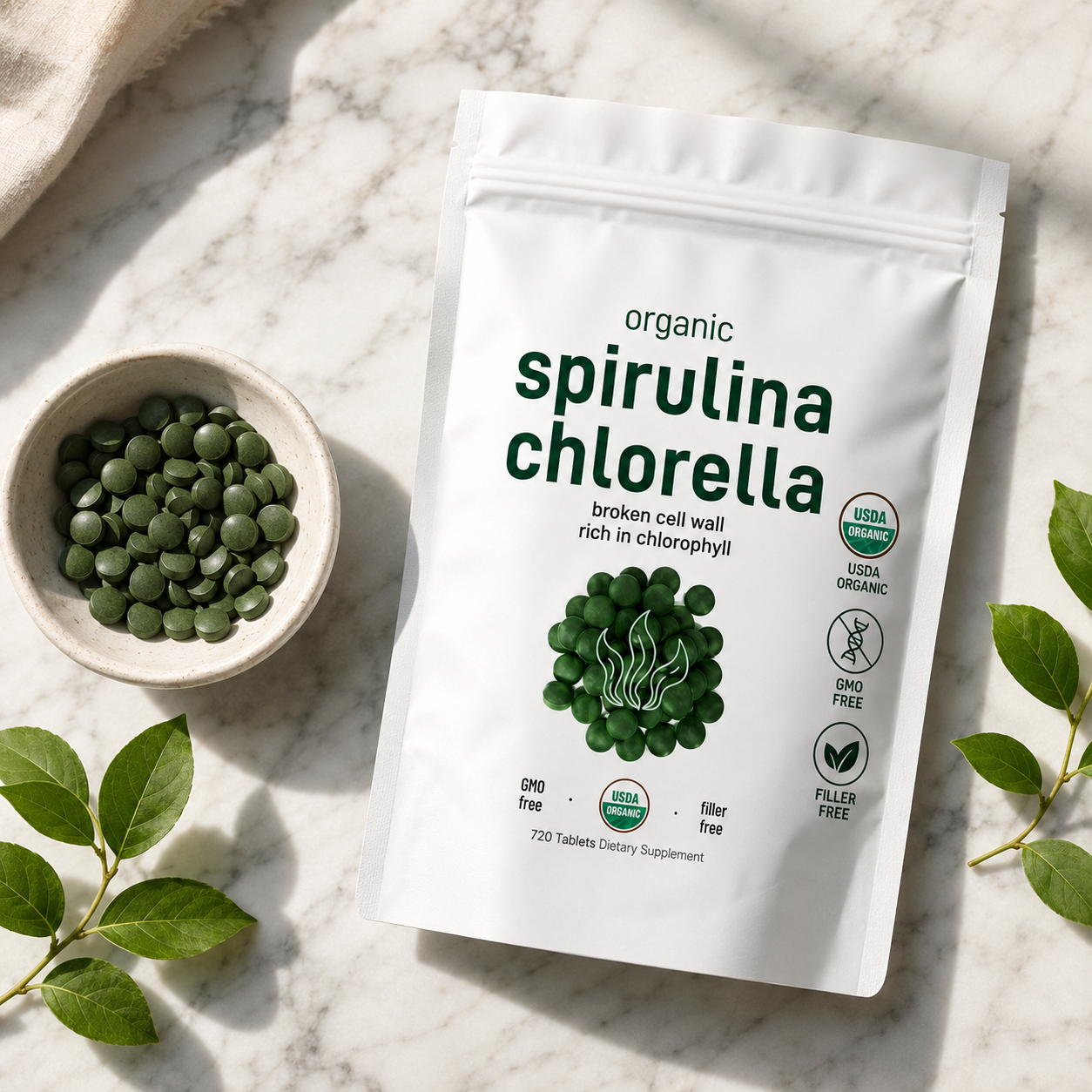 Organic spirulina and chlorella tablets